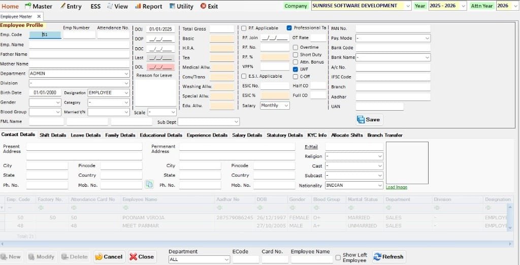 Employee Master Record and Profile