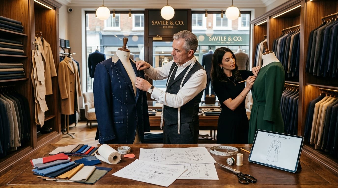Master Tailors Crafting Custom Garments in a Bespoke Tailoring Boutique Studio